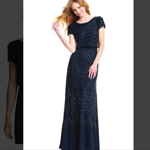 Adrianna Papell Blouson Short Sleeve Embellished Beaded Maxi Gown Navy Size 4 - Picture 4 of 14